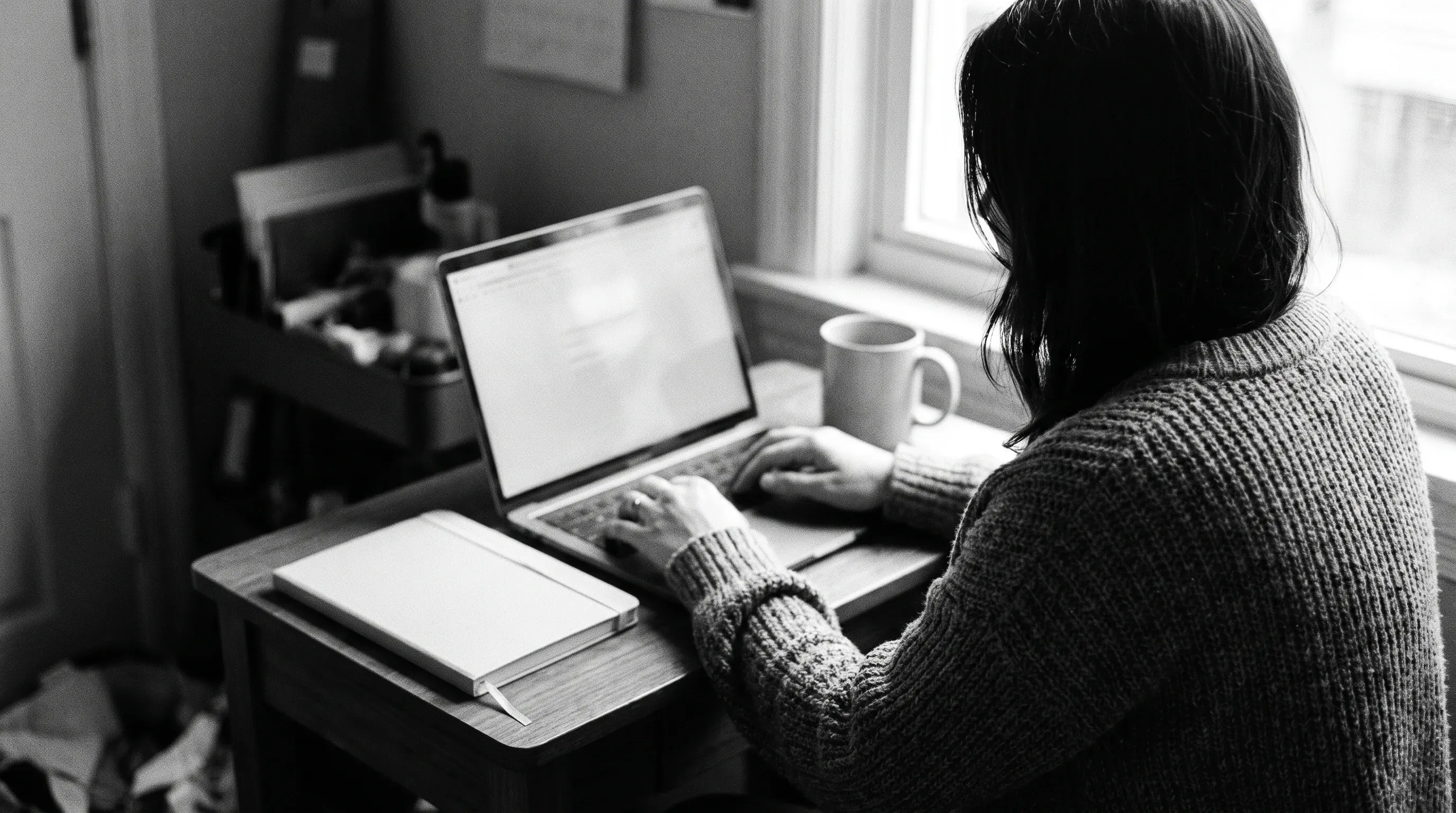 A solo content publisher working at a laptop, conveying how plugin-based schema lets small teams ship structured data without a developer.